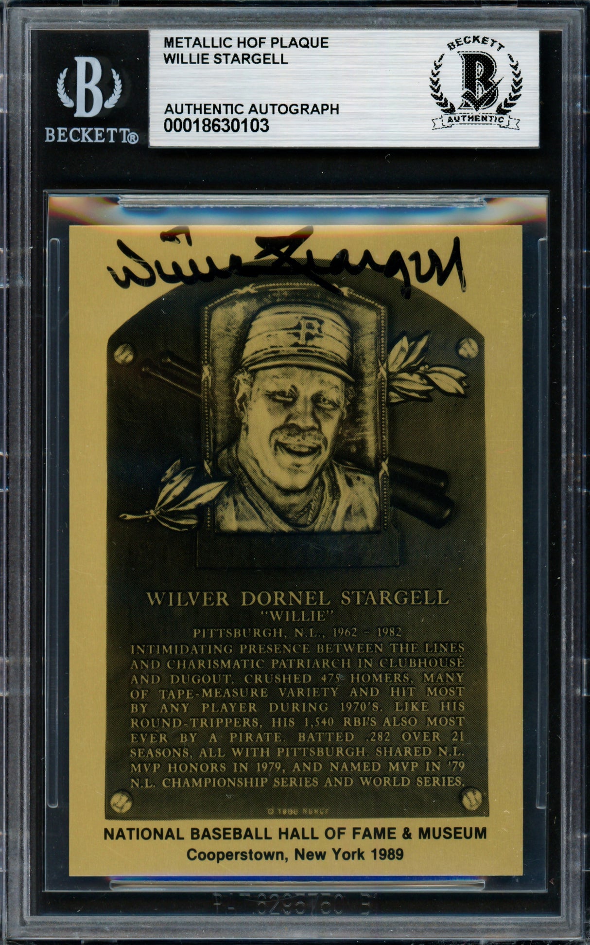 Willie Stargell Autographed 1989 2.5x3.5 Hall of Fame Metal Plaque Card Pittsburgh Pirates Beckett BAS #18630103