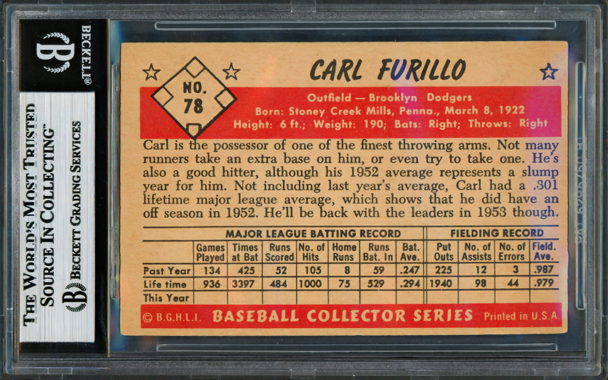 Carl Furillo Autographed 1953 Bowman Color Card #78 Brooklyn Dodgers Beckett BAS #18630006