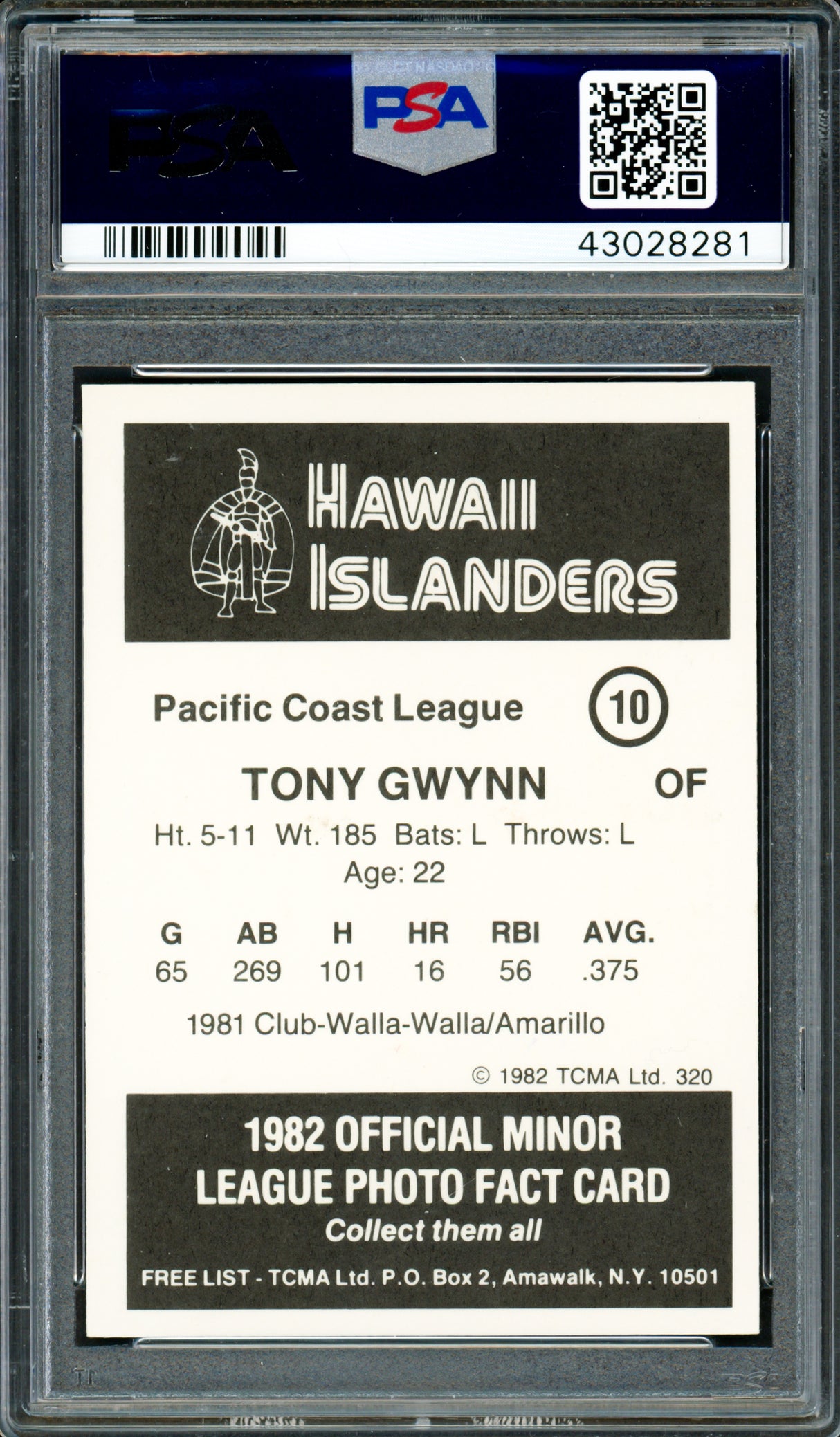Tony Gwynn Autographed 1982 TCMA Hawaii Islanders Card #10 San Diego Padres PSA/DNA #43028281