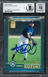 Ichiro Suzuki Autographed 2001 Topps Rookie Card #726 Seattle Mariners Auto Grade Gem Mint 10 Beckett BAS #13018339