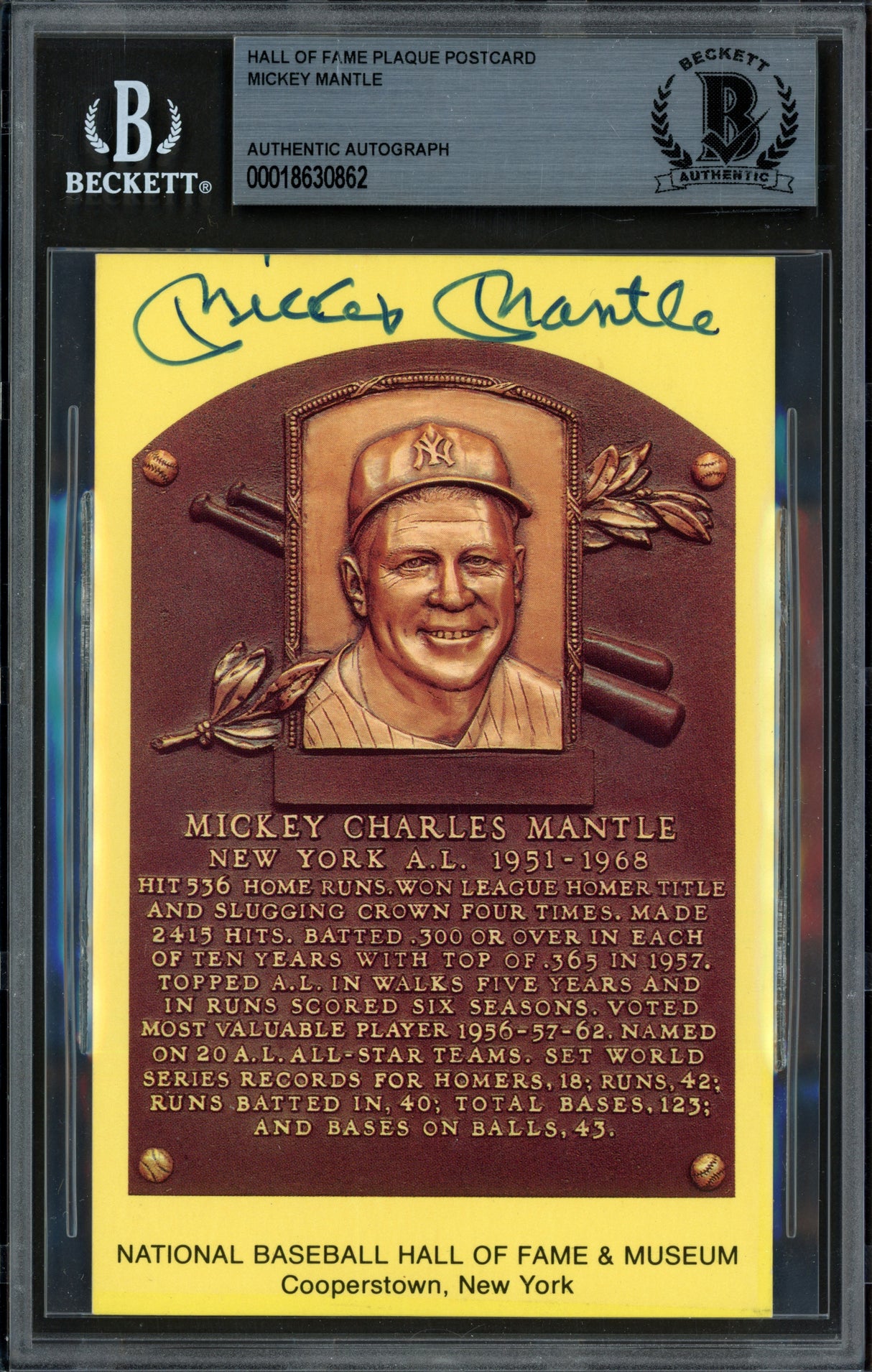 Mickey Mantle Autographed Hall of Fame Plaque Postcard New York Yankees Beckett BAS #18630862
