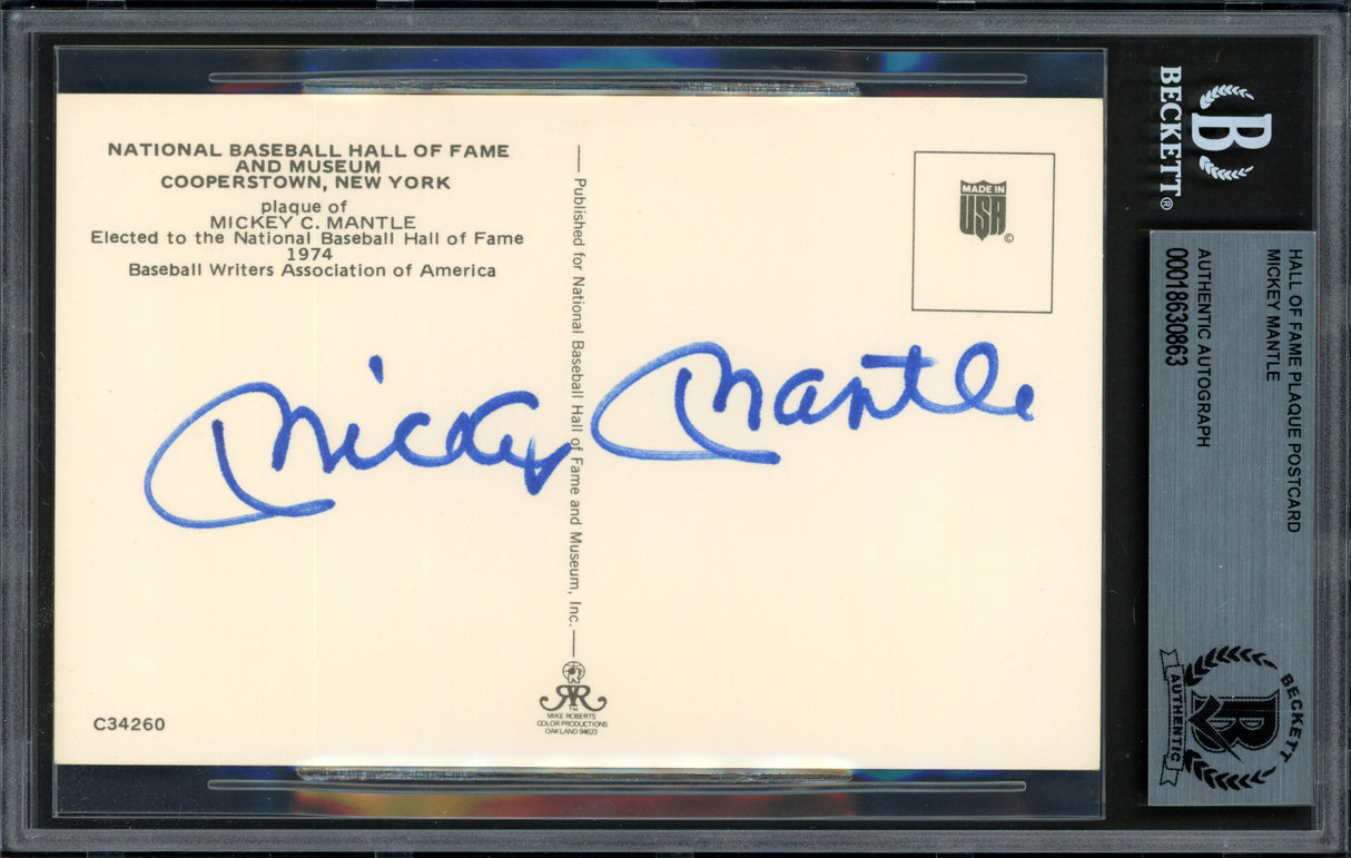 Mickey Mantle Autographed Hall of Fame Plaque Postcard New York Yankees (Signed On Back) Beckett BAS #18630863