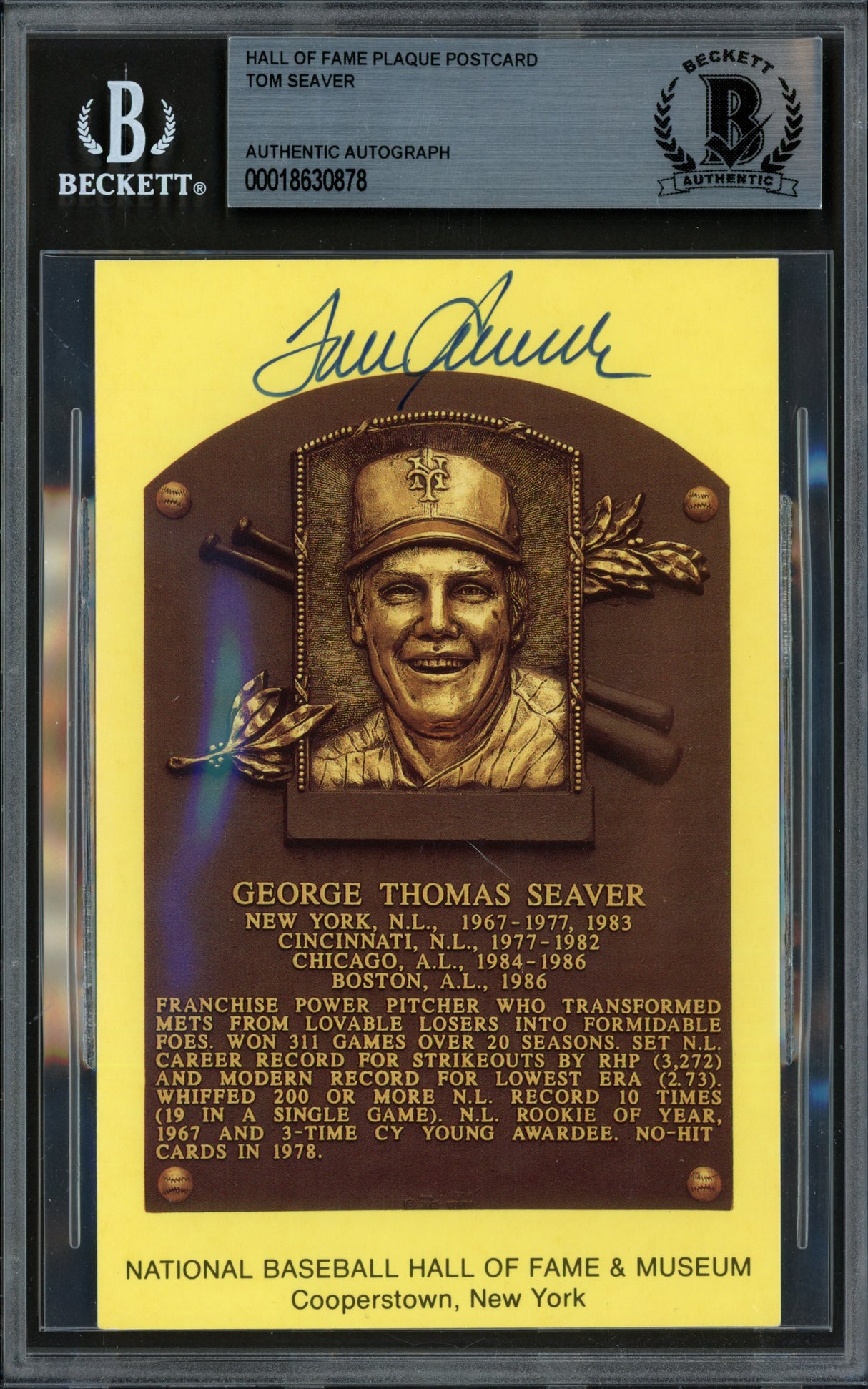 Tom Seaver Autographed Hall of Fame Plaque Postcard New York Mets Beckett BAS #18630878
