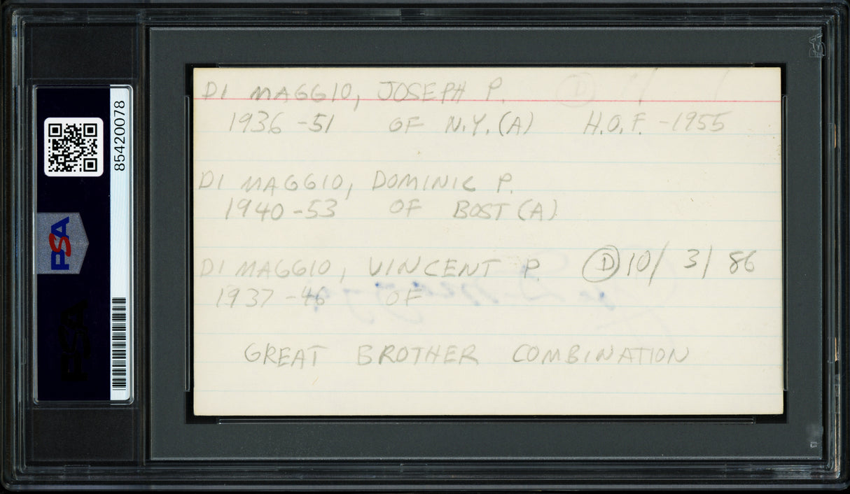 Joe, Vince, & Dom DiMaggio Brothers Autographed 3x5 Index Card PSA/DNA #85420078