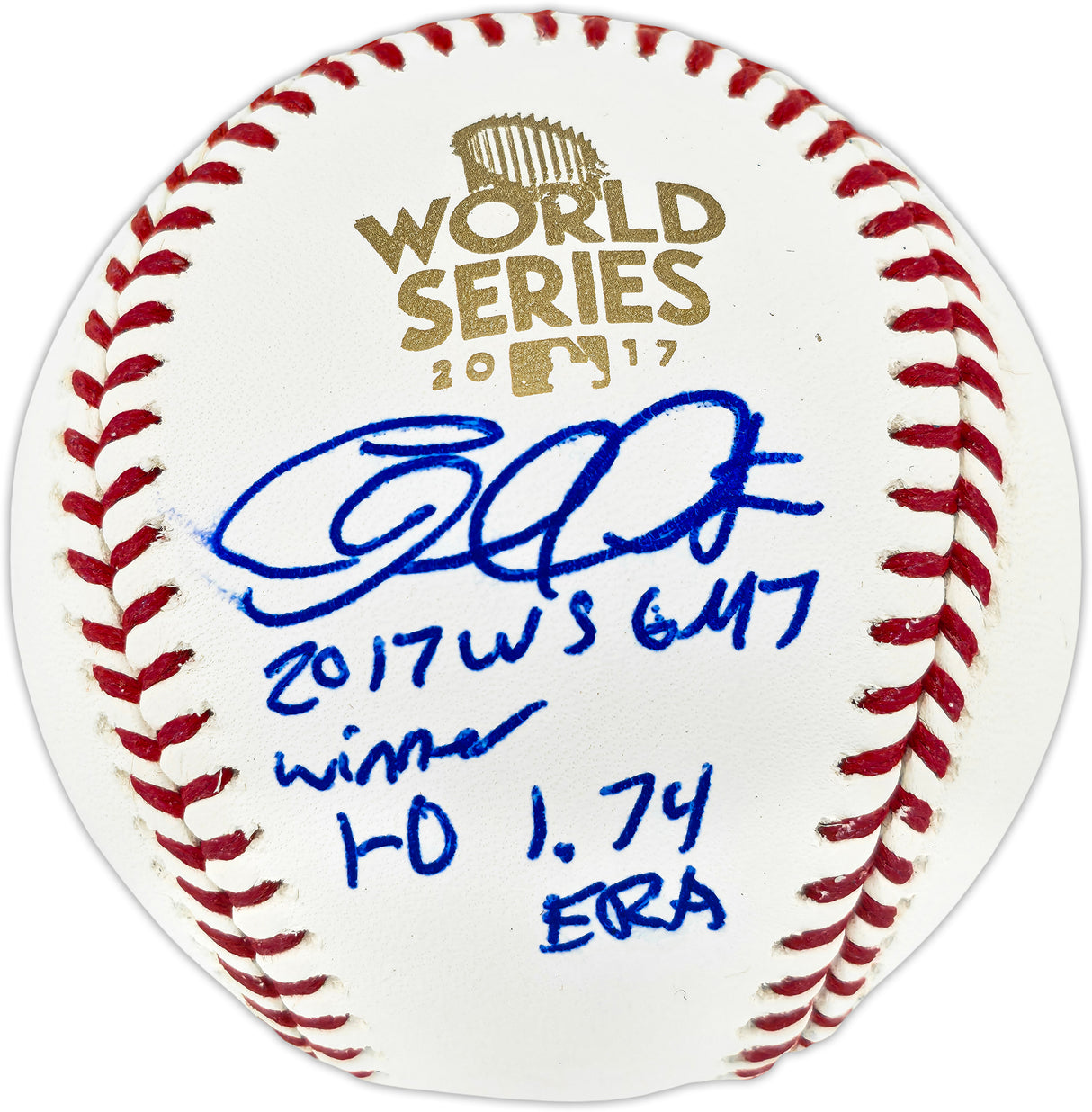Charlie Morton Autographed Official 2017 World Series Logo Baseball Houston Astros "2017 WS GM 7 Winner 1-0 1.74 ERA" (Smudged) JSA #WIT163039