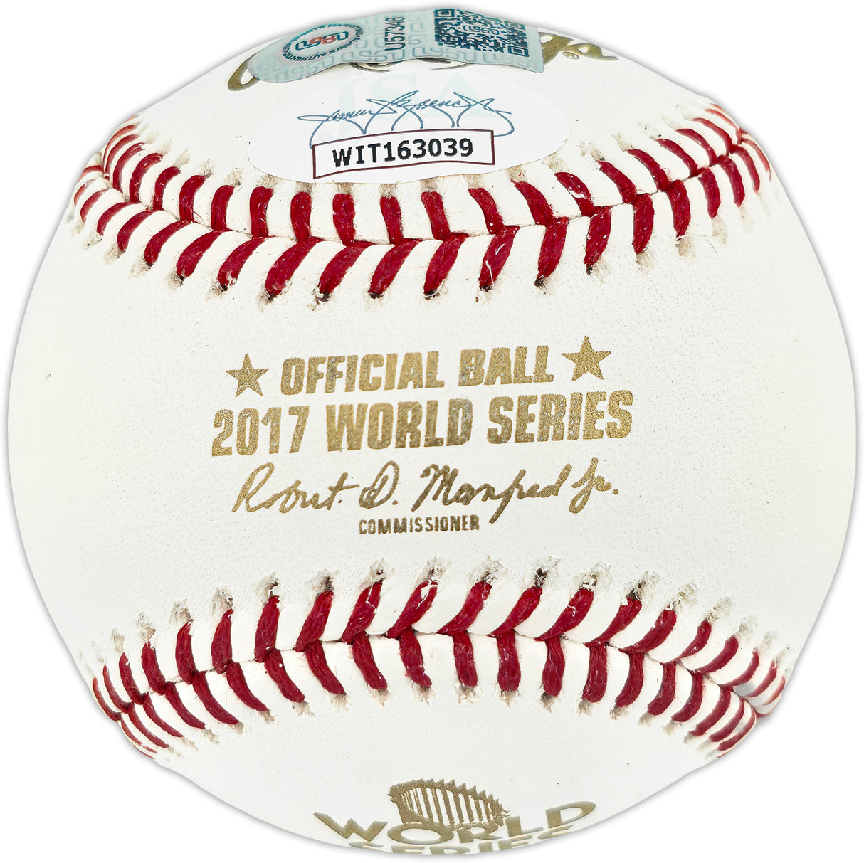 Charlie Morton Autographed Official 2017 World Series Logo Baseball Houston Astros "2017 WS GM 7 Winner 1-0 1.74 ERA" (Smudged) JSA #WIT163039