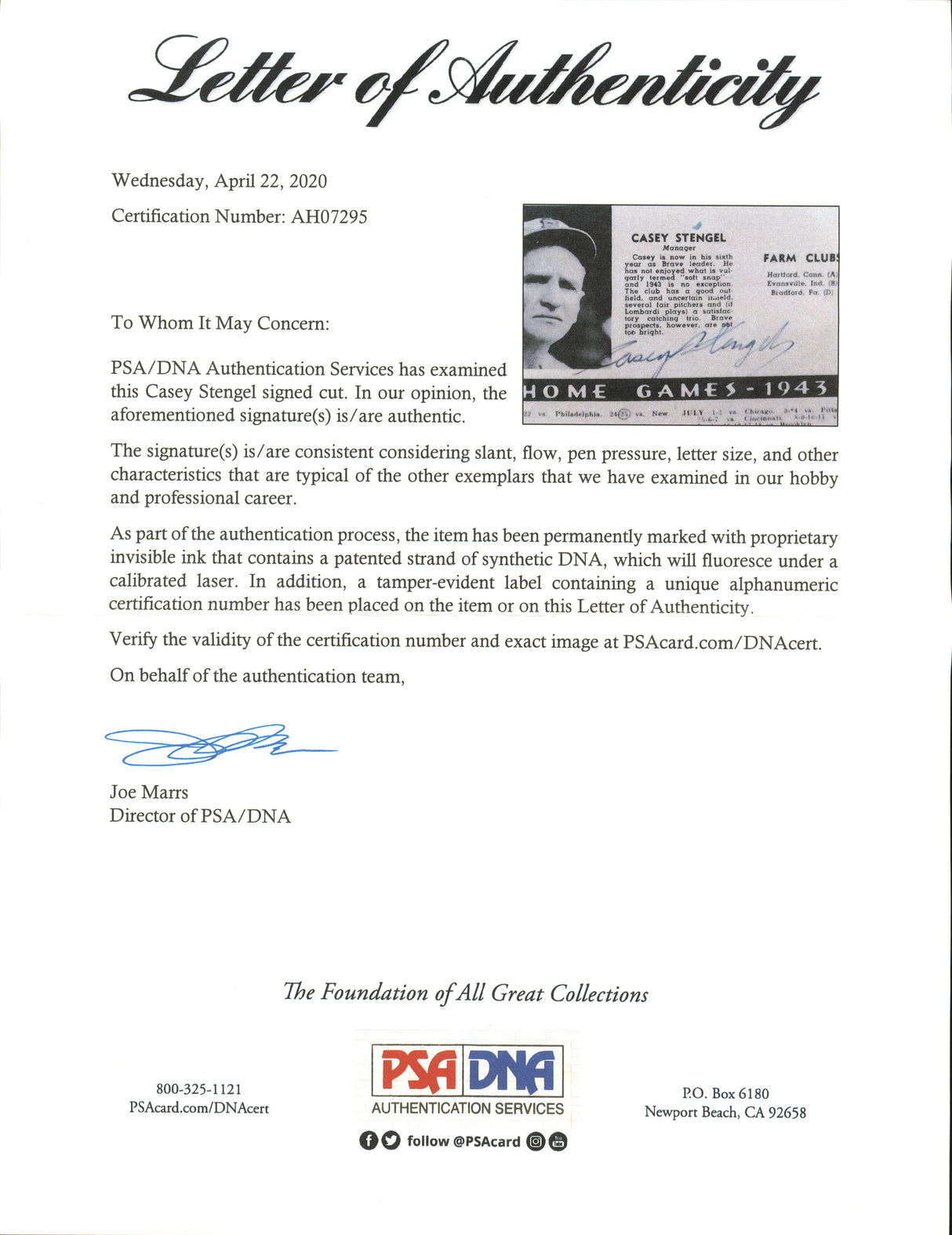 Casey Stengel Autographed 5.5x8.5 Ballpark Program Cut Signature Boston Braves PSA/DNA #AH07295