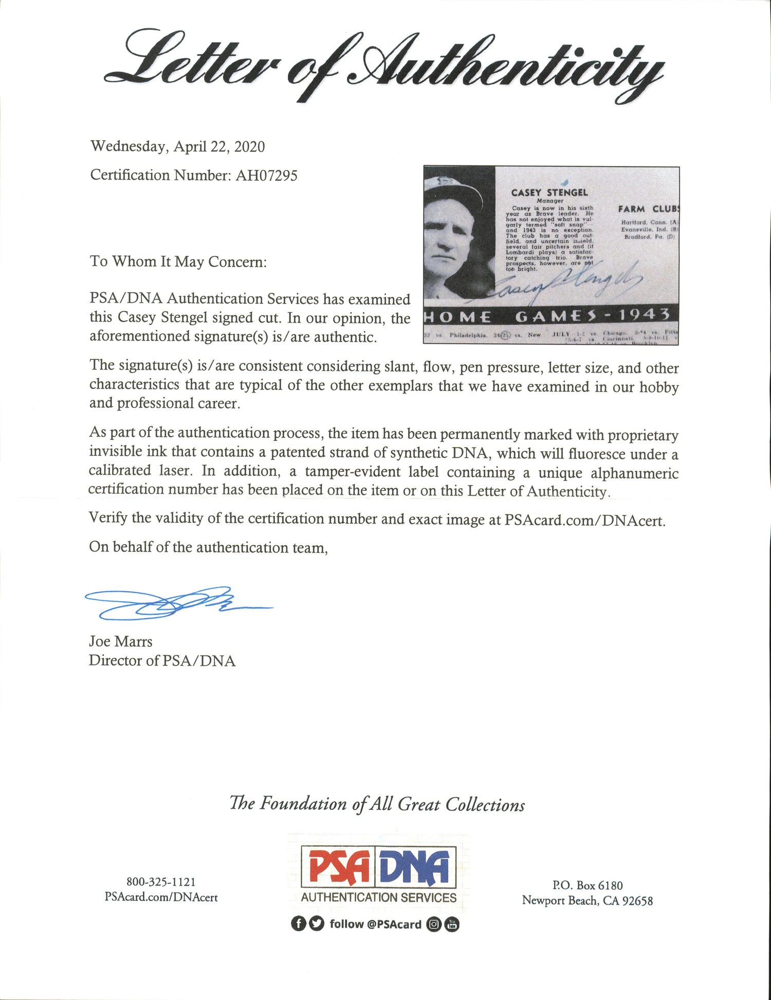 Casey Stengel Autographed 5.5x8.5 Ballpark Program Cut Signature Boston Braves PSA/DNA #AH07295