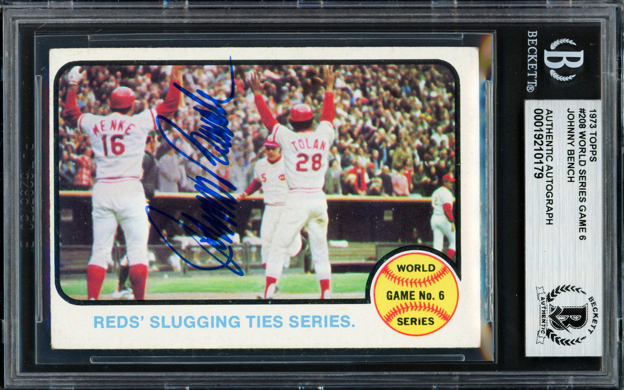 Johnny Bench Autographed 1973 Topps Card #208 Cincinnati Reds Beckett BAS #19210179