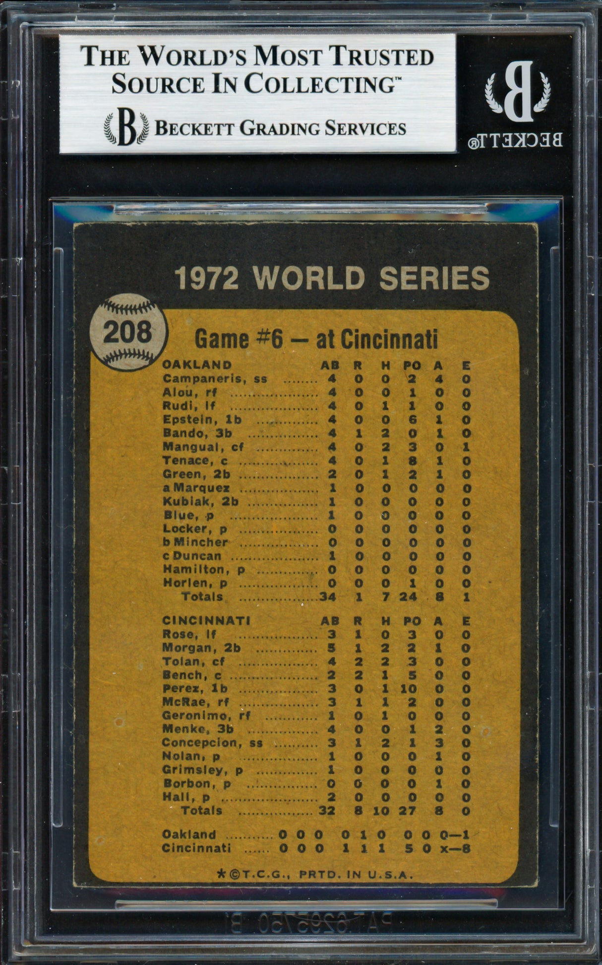 Johnny Bench Autographed 1973 Topps Card #208 Cincinnati Reds Beckett BAS #19210179