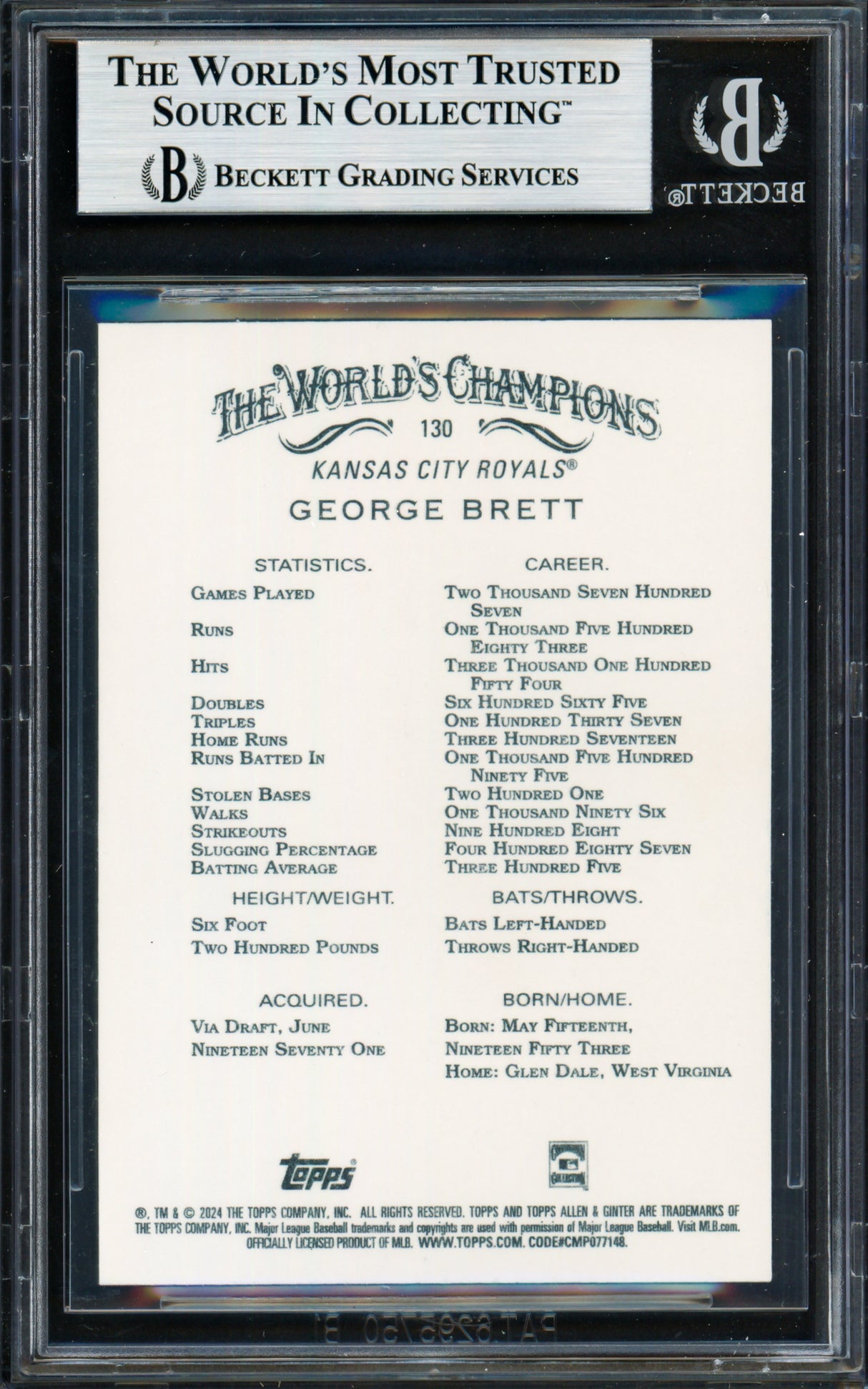 George Brett Autographed 2024 Topps Allen & Ginter Card #130 Kansas City Royals Beckett BAS #19210183