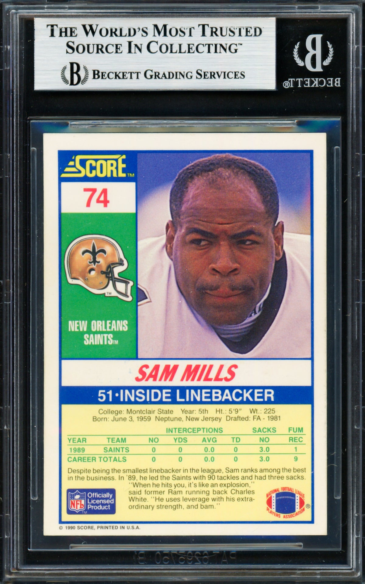 Sam Mills Autographed 1990 Score Card #74 New Orleans Saints Beckett B –  Pristine Marketplace