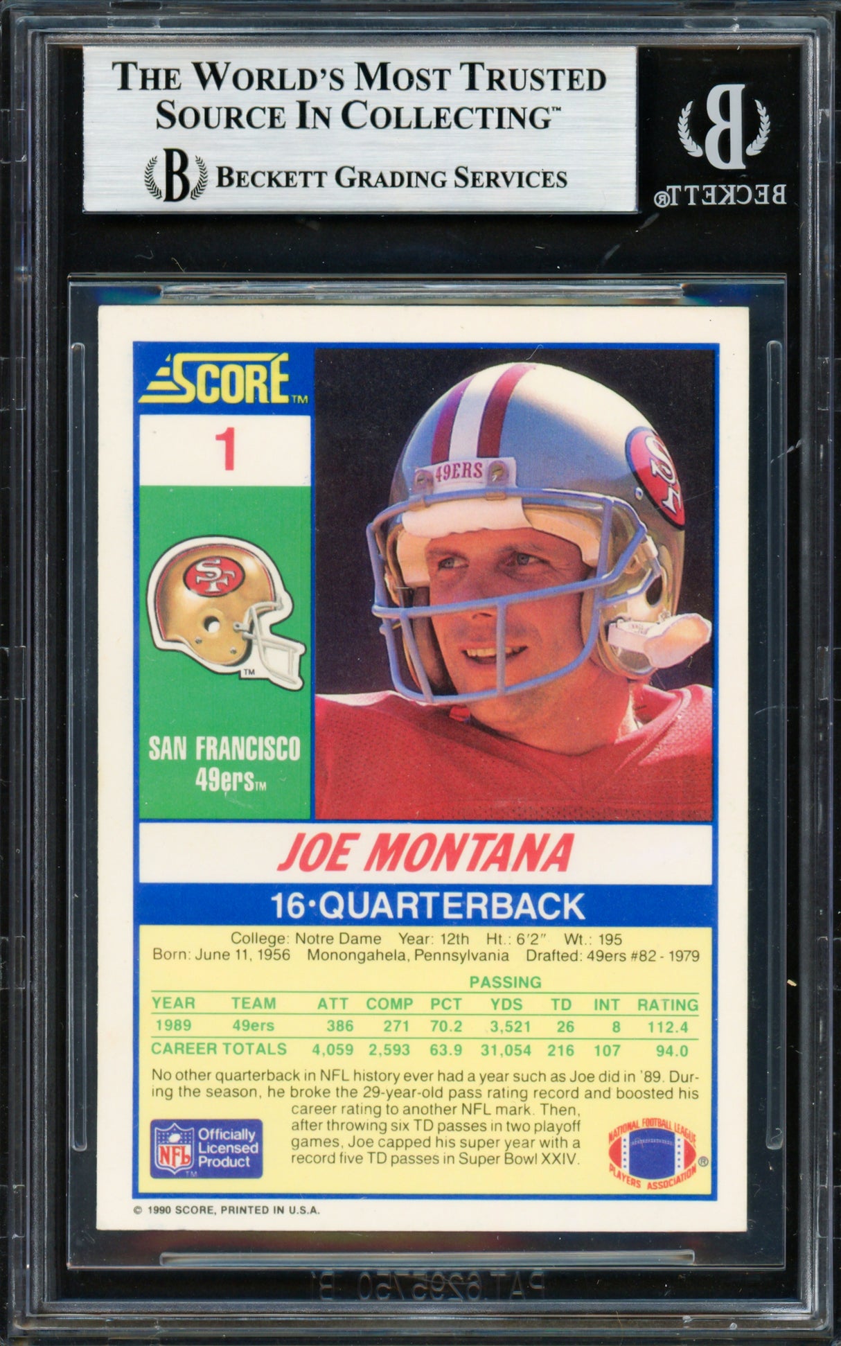 Joe Montana Autographed 1990 Score Card #1 San Francisco 49ers Beckett BAS #19212961