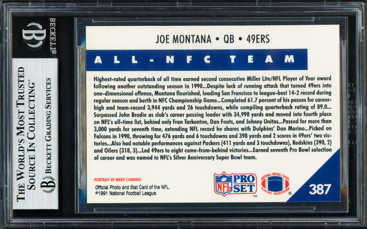 Joe Montana Autographed 1991 Pro Set Card #387 San Francisco 49ers Beckett BAS #19212973