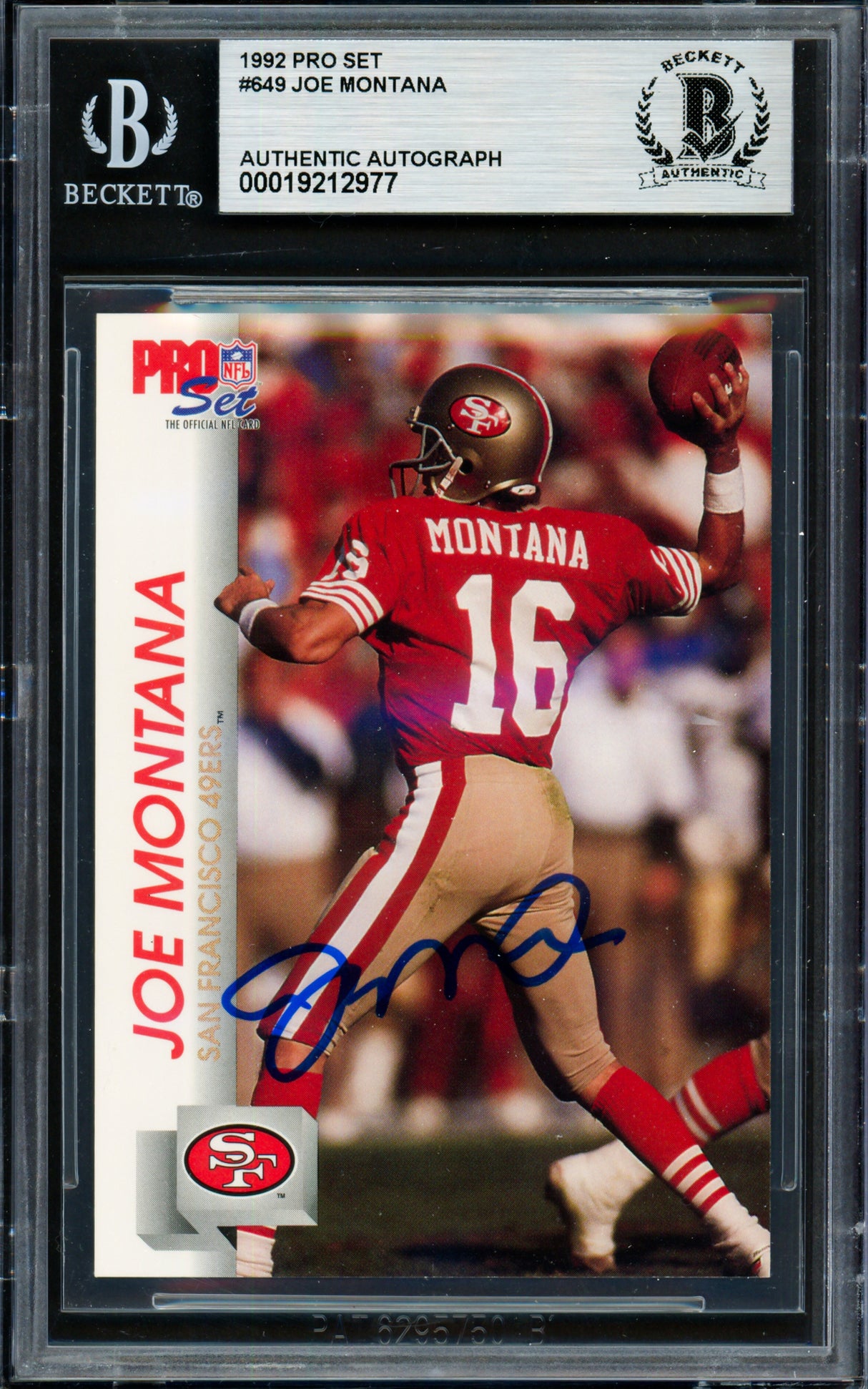 Joe Montana Autographed 1992 Pro Set Card #649 San Francisco 49ers Beckett BAS #19212977