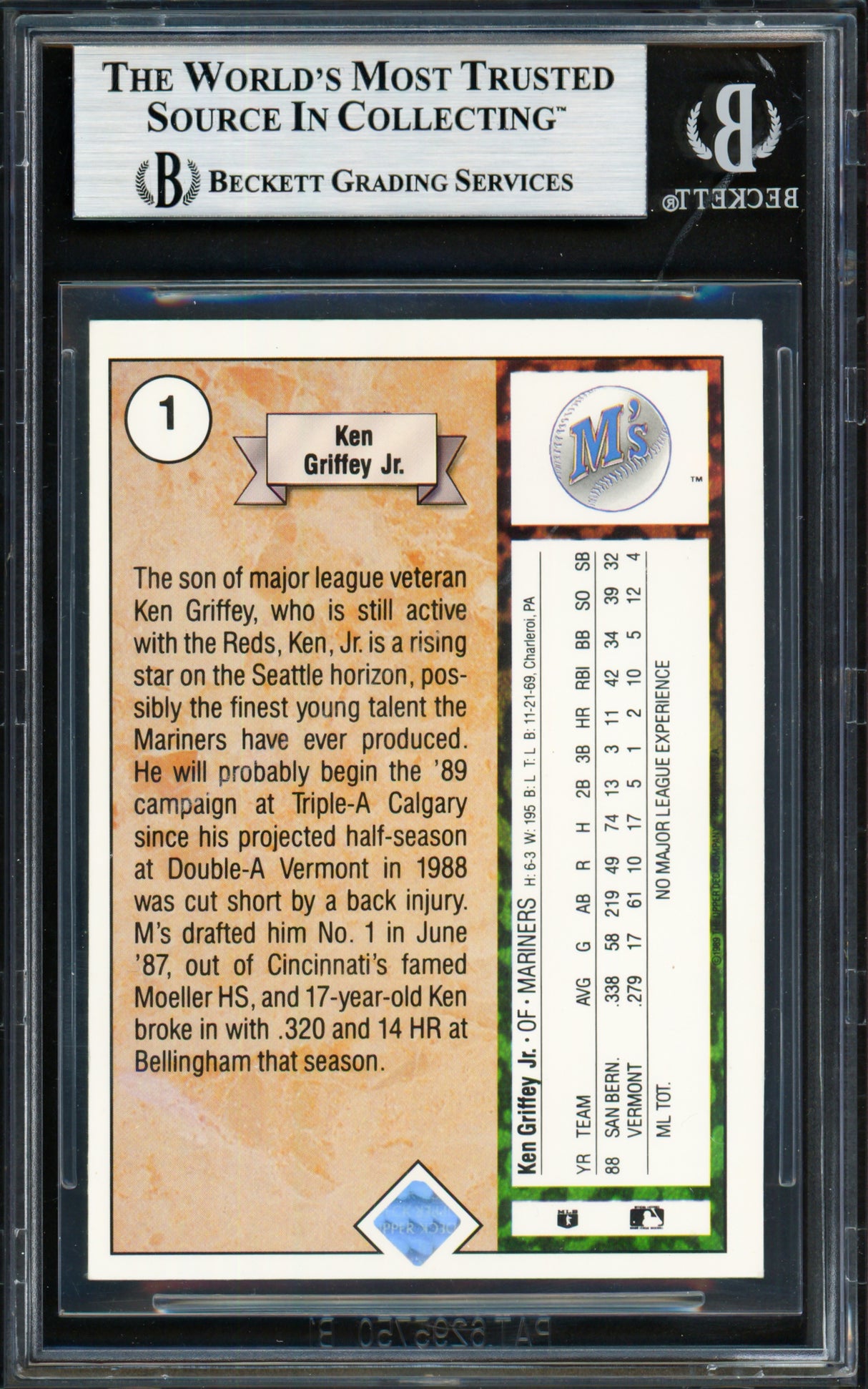 Ken Griffey Jr. Autographed 1989 Upper Deck Rookie Card #1 Seattle Mariners Beckett BAS #19211303
