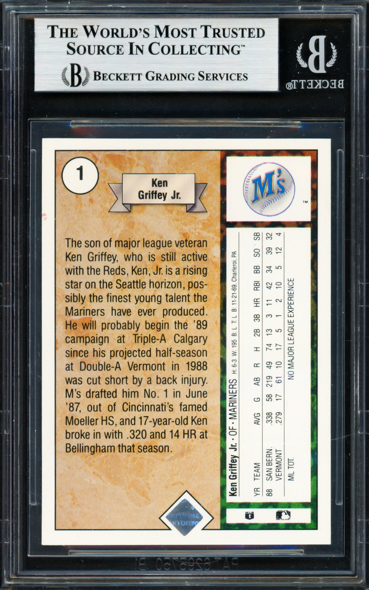 Ken Griffey Jr. Autographed 1989 Upper Deck Rookie Card #1 Seattle Mariners Beckett BAS #19211283