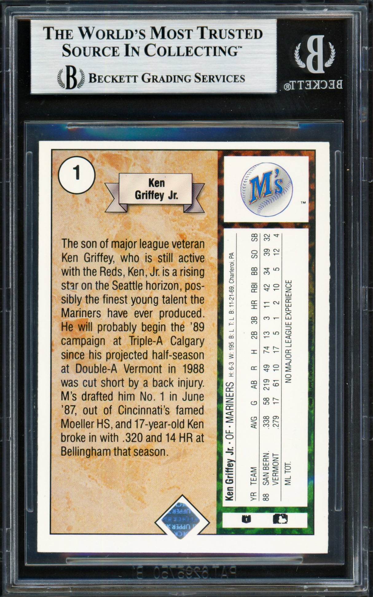 Ken Griffey Jr. Autographed 1989 Upper Deck Rookie Card #1 Seattle Mariners Beckett BAS #19211249
