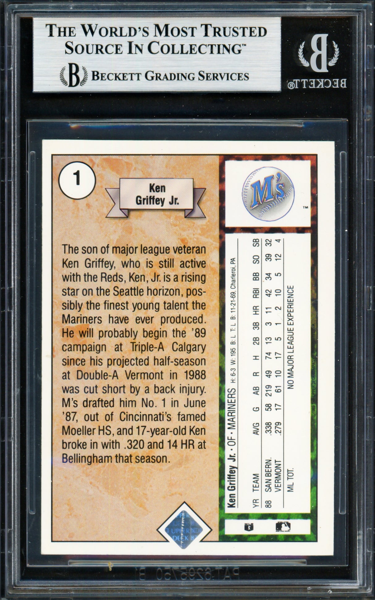 Ken Griffey Jr. Autographed 1989 Upper Deck Rookie Card #1 Seattle Mariners Beckett BAS #19211289