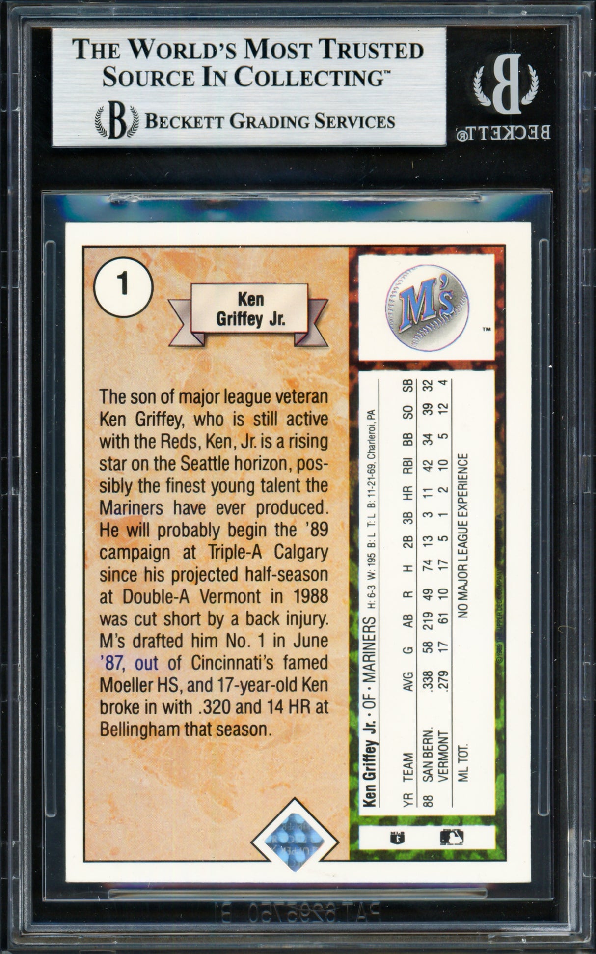Ken Griffey Jr. Autographed 1989 Upper Deck Rookie Card #1 Seattle Mariners Beckett BAS #19211191