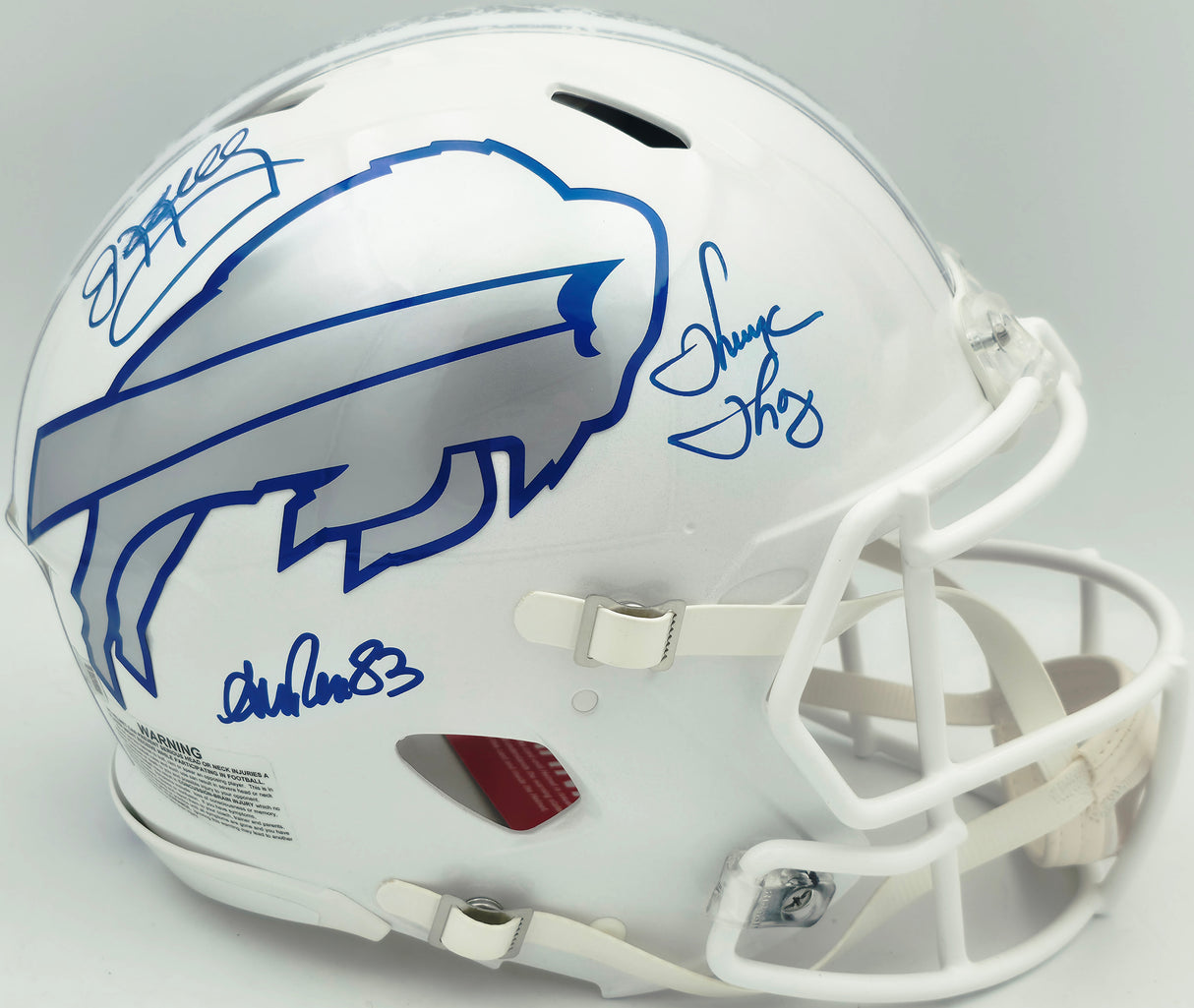 Jim Kelly, Thurman Thomas & Andre Reed Autographed Buffalo Bills Rivalries White Full Size Speed Authentic Helmet (Smudged) Beckett BAS Witness #4W369388