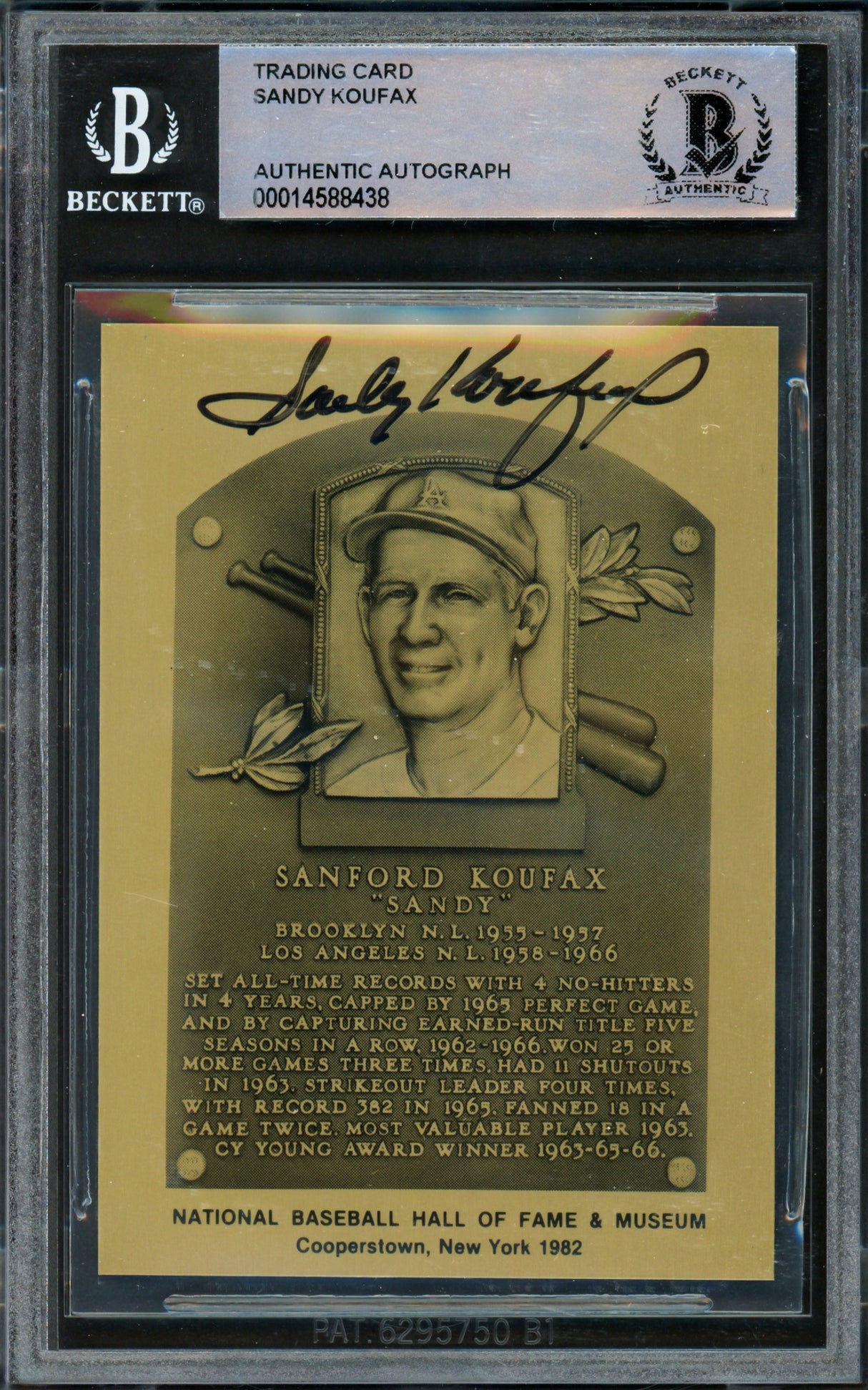 Sandy Koufax Autographed 1982 Hall of Fame Metallic Plaque Card Los Angeles Dodgers Beckett BAS #14588438