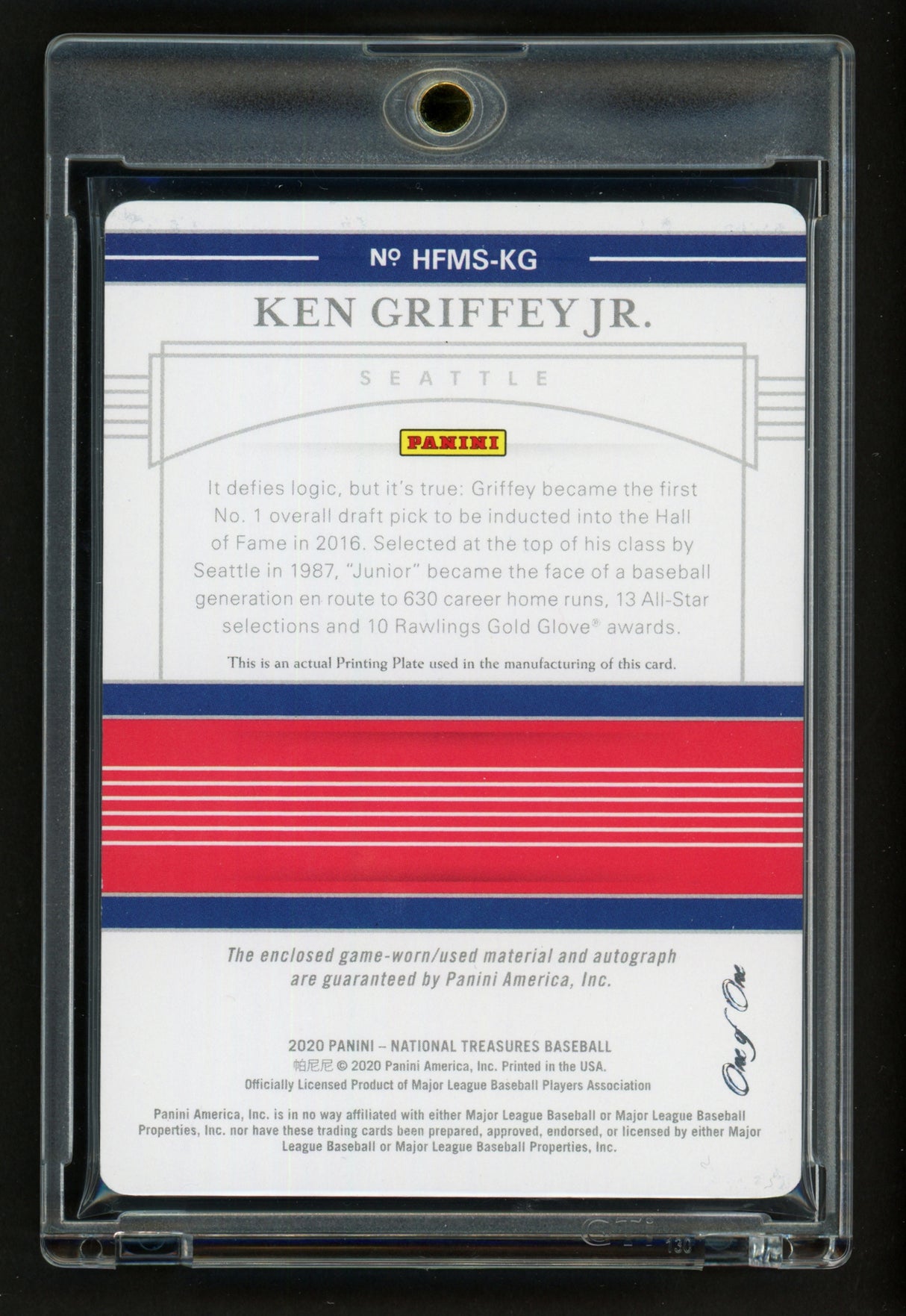 Ken Griffey Jr. Autographed 2020 Panini National Treasures Printing Plate Patch Card #HFMS-KG Seattle Mariners #1/1 SKU #258189