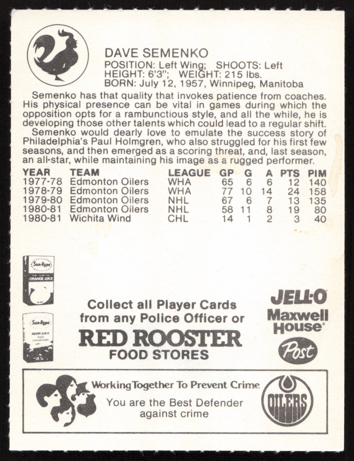Dave Semenko Autographed 1981-82 Red Rooster Card Edmonton Oilers SKU #258333