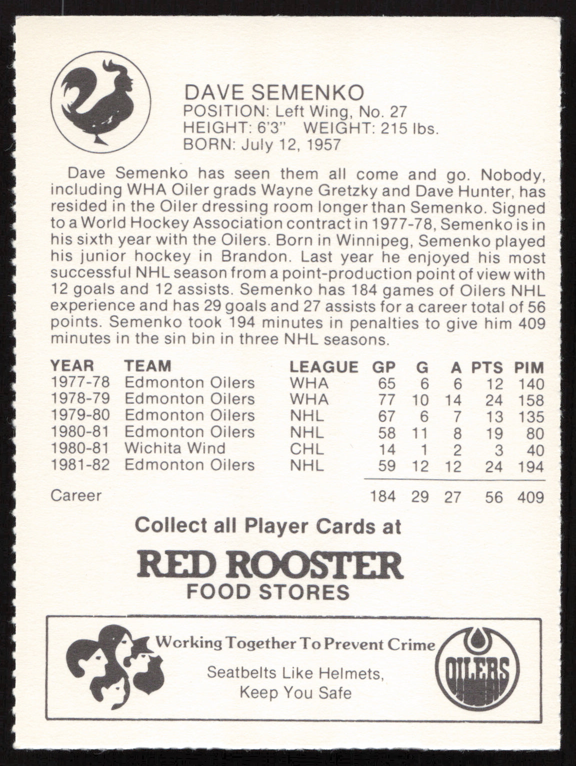 Dave Semenko Autographed 1982-83 Red Rooster Card Edmonton Oilers SKU #258349