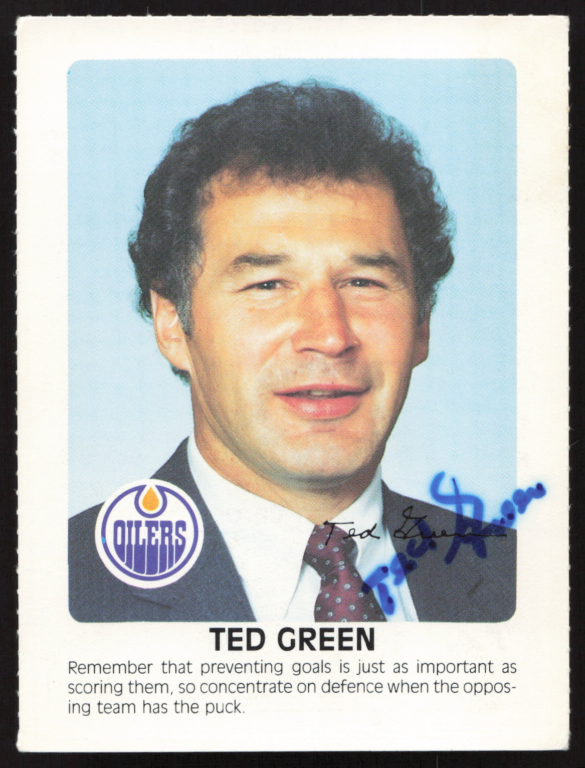 Ted Green Autographed 1984-85 Post Red Rooster Card Edmonton Oilers SKU #258391