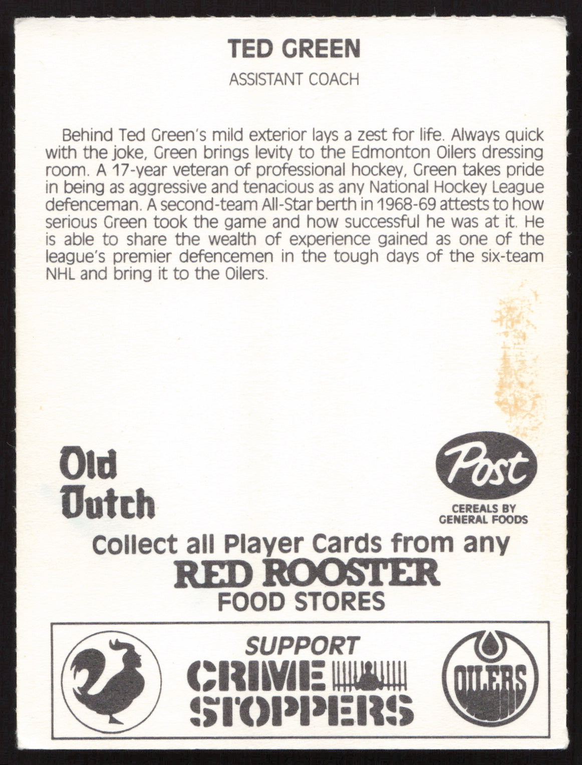 Ted Green Autographed 1984-85 Post Red Rooster Card Edmonton Oilers SKU #258391