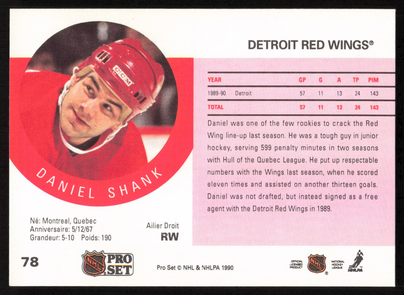 Daniel Shank Autographed 1990-91 Pro Set Rookie Card #78 Detroit Red Wings SKU #258491