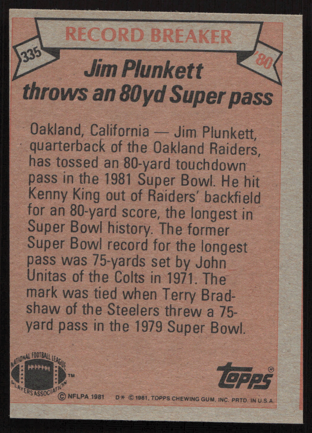 Jim Plunkett Autographed 1981 Topps Card #335 Oakland Raiders SKU #259208