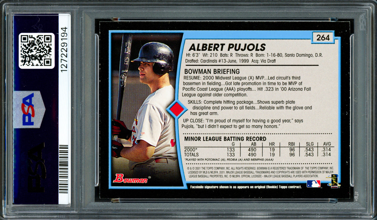 Albert Pujols Autographed 2001 Bowman Rookie Card #264 St. Louis Cardinals PSA 7 Auto Grade Gem Mint 10 PSA/DNA #127229194