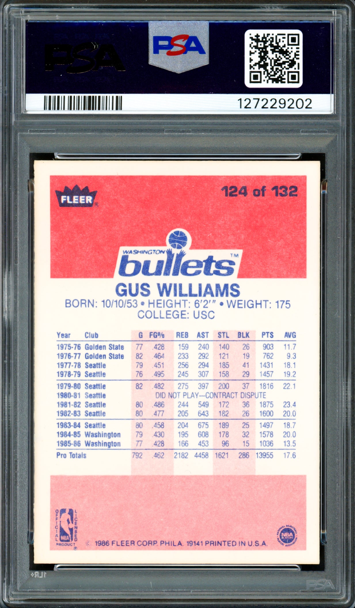 Gus Williams Autographed 1986 Fleer Rookie Card #124 Washington Bullets PSA 6 Auto Grade Gem Mint 10 PSA/DNA #127229202