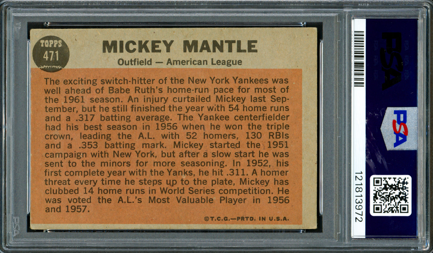 Mickey Mantle Autographed 1962 Topps Card #471 New York Yankees PSA 3 Auto Grade 5 PSA/DNA #121813972
