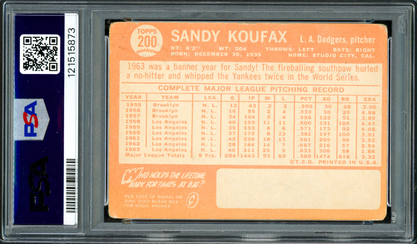 Sandy Koufax Autographed 1964 Topps Card #200 Los Angeles Dodgers PSA 1 Auto Grade Gem Mint 10 PSA/DNA #12151873