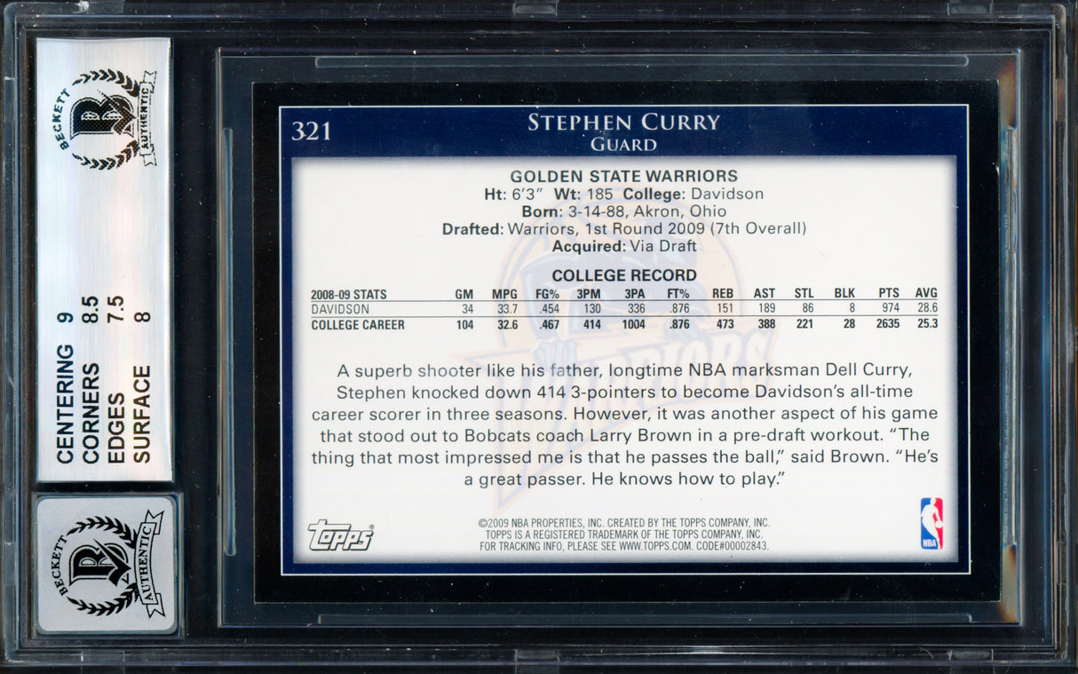 Stephen Curry Autographed 2009-10 Topps Rookie Card #321 Golden State Warriors BGS 8 Auto Grade Mint 9 Beckett BAS #18955001
