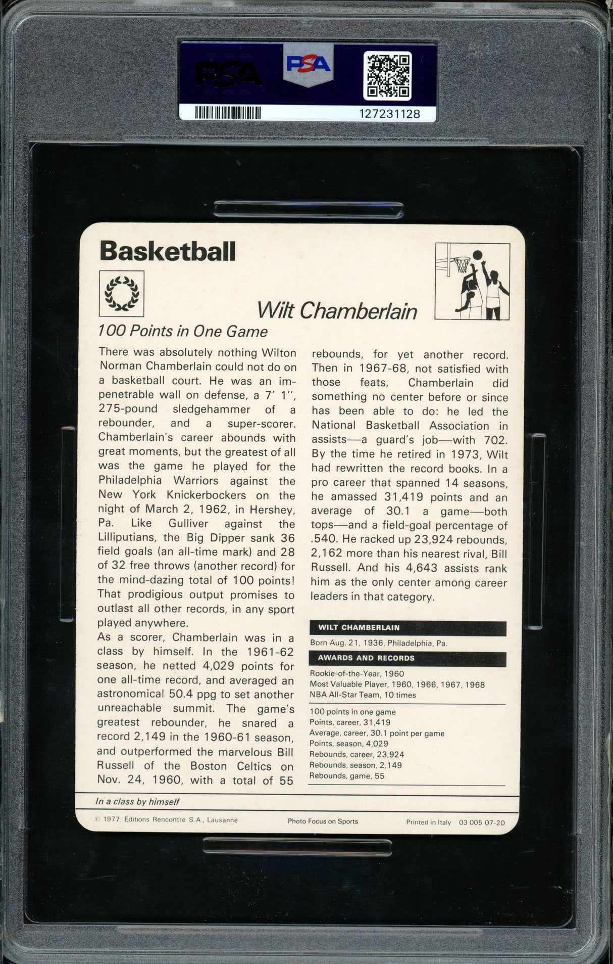 Wilt Chamberlain 1977-79 Sportscaster Card #07-20 Los Angeles Lakers PSA 9 #127231128