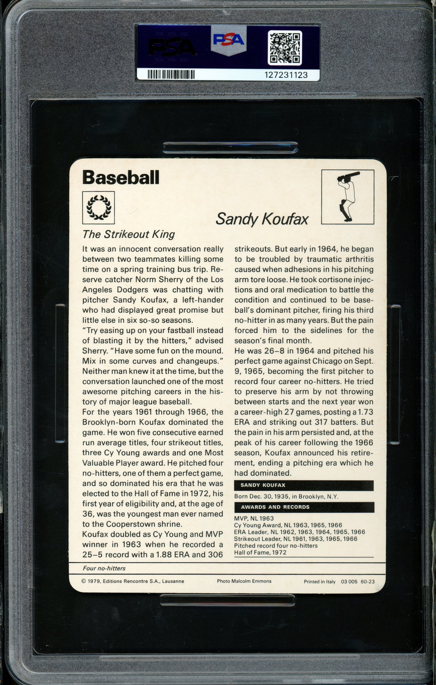 Sandy Koufax 1977-79 Sportscaster Card #60-23 Los Angeles Dodgers PSA 5 #127231123