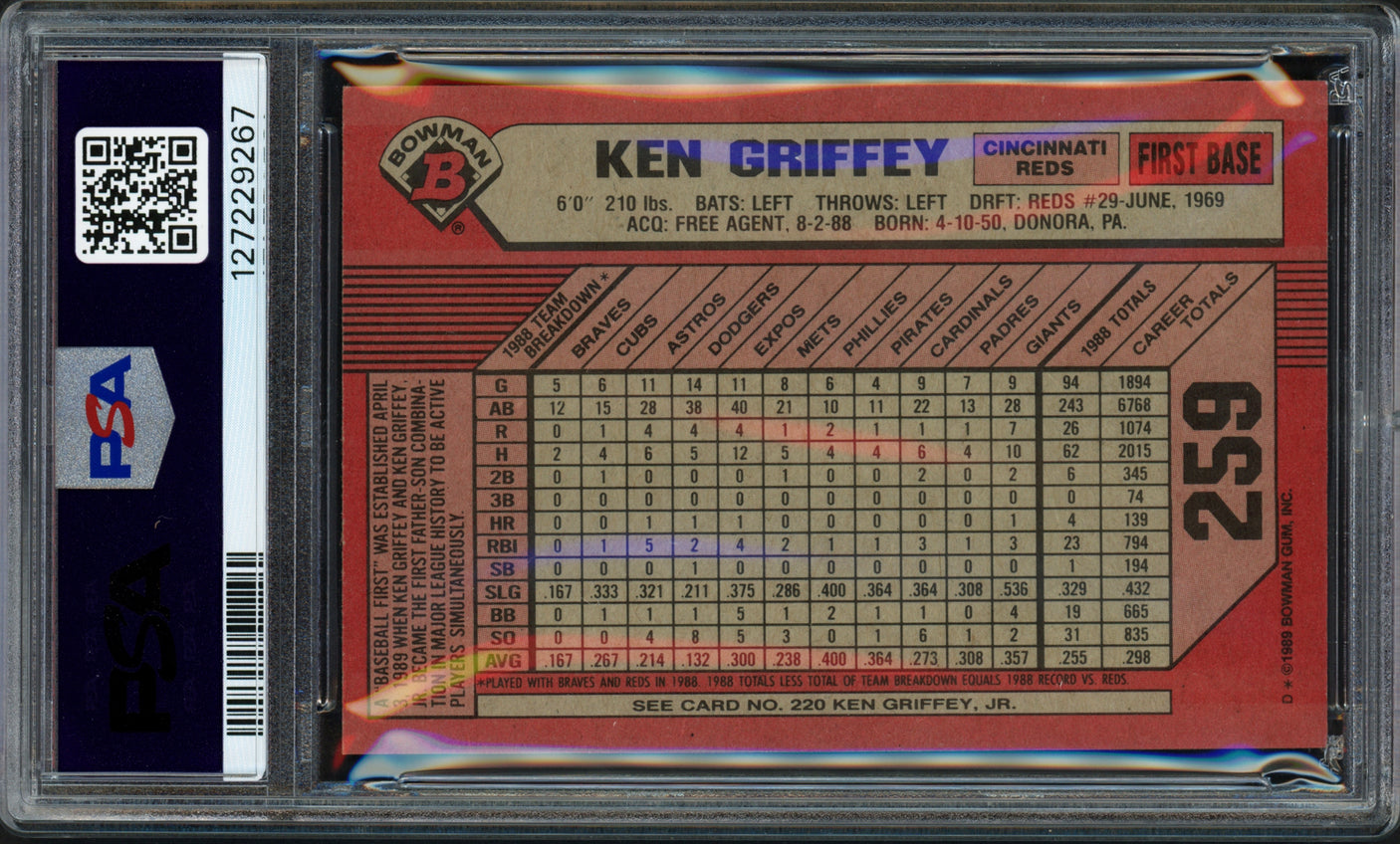 Ken Griffey Jr. & Sr. Autographed 1989 Bowman Rookie Card #259 PSA 8 Auto Grade Gem Mint 10 PSA/DNA Stock #259963