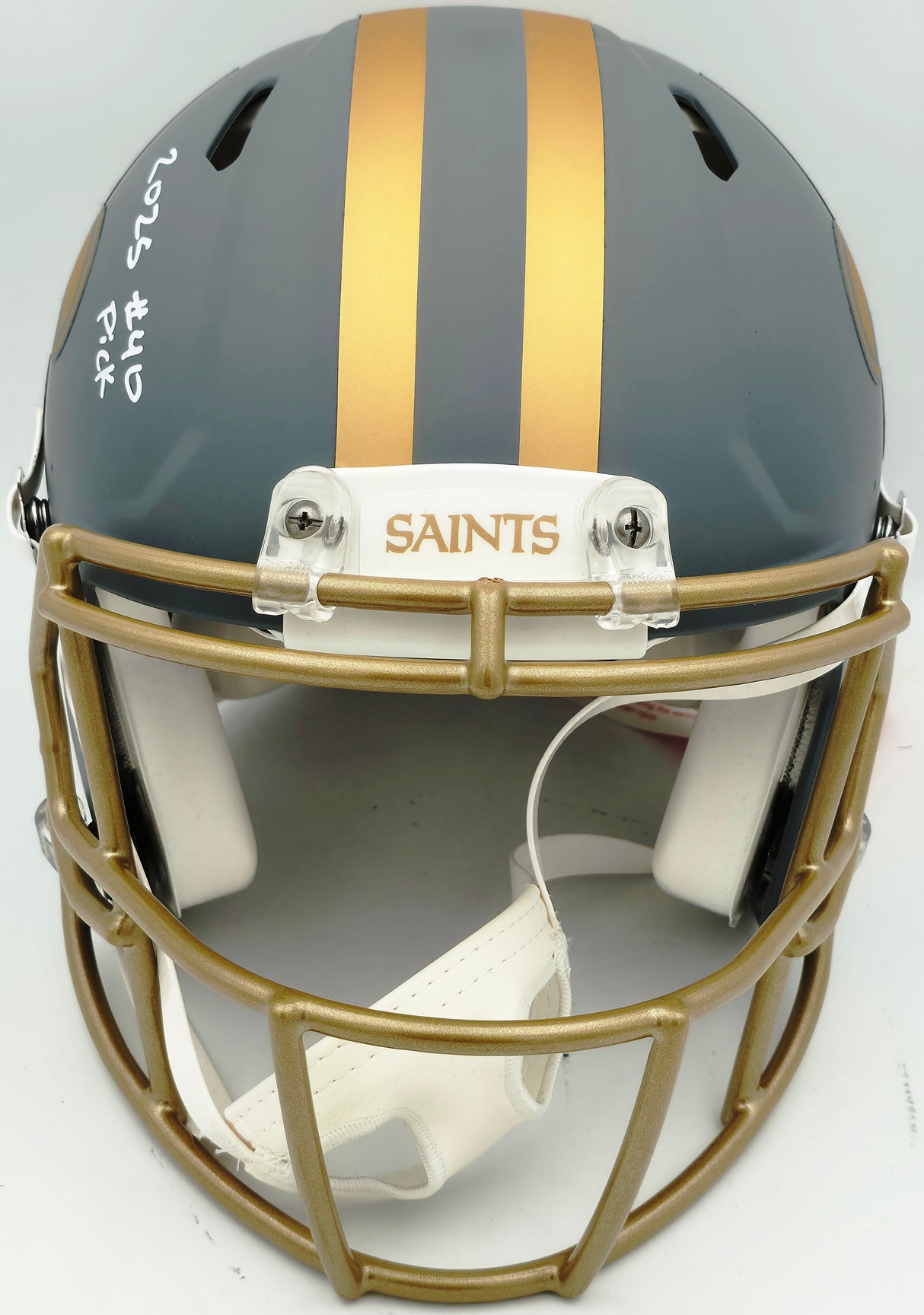 Tyler Shough Autographed New Orleans Saints Slate Gray Full Size Speed Authentic Helmet "2025 #40 Pick" Fanatics Holo #DC75984482
