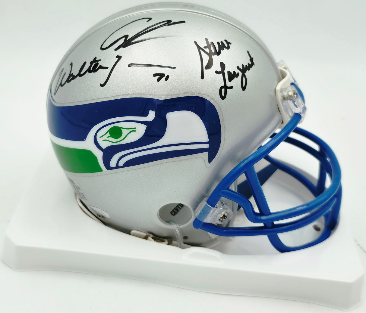 Seattle Seahawks Ring of Honor Autographed Throwback Silver Mini Helmet With 5 Signatures Including Cortez Kennedy & Steve Largent Beckett BAS #C26016