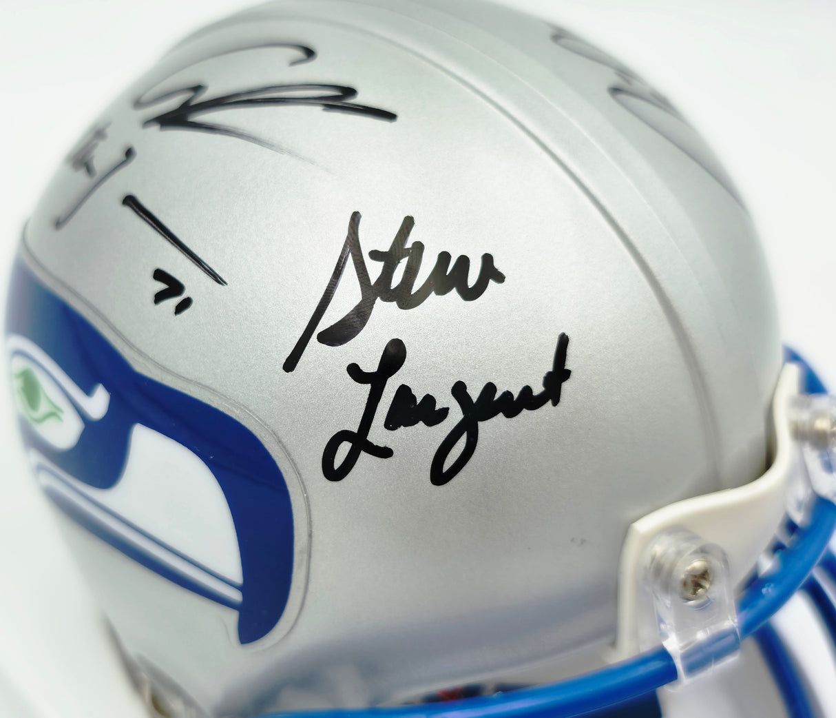 Seattle Seahawks Ring of Honor Autographed Throwback Silver Mini Helmet With 5 Signatures Including Cortez Kennedy & Steve Largent Beckett BAS #C26016