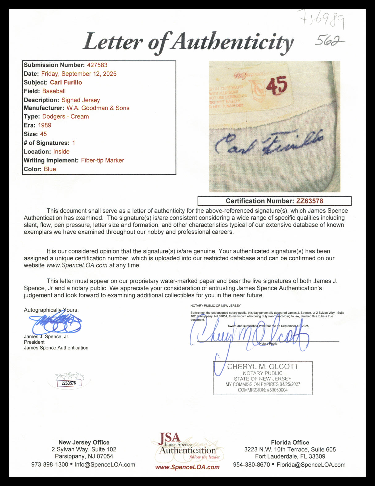 Brooklyn Dodgers Carl Furillo Autographed Cream WA Goodman & Sons Jersey Vintage Signature JSA #ZZ63578