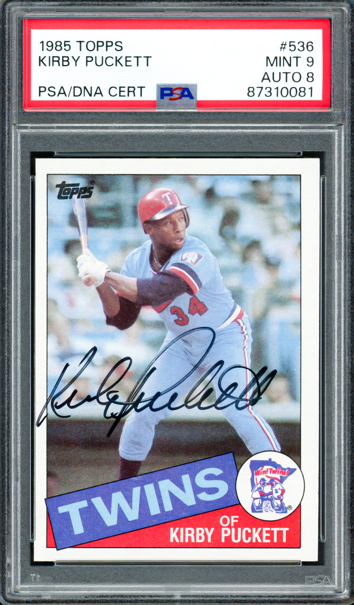 Kirby Puckett Autographed 1985 Topps Rookie Card #536 Minnesota Twins PSA 9 Auto Grade Near Mint/Mint 8 (Highest Graded) PSA/DNA #87310081