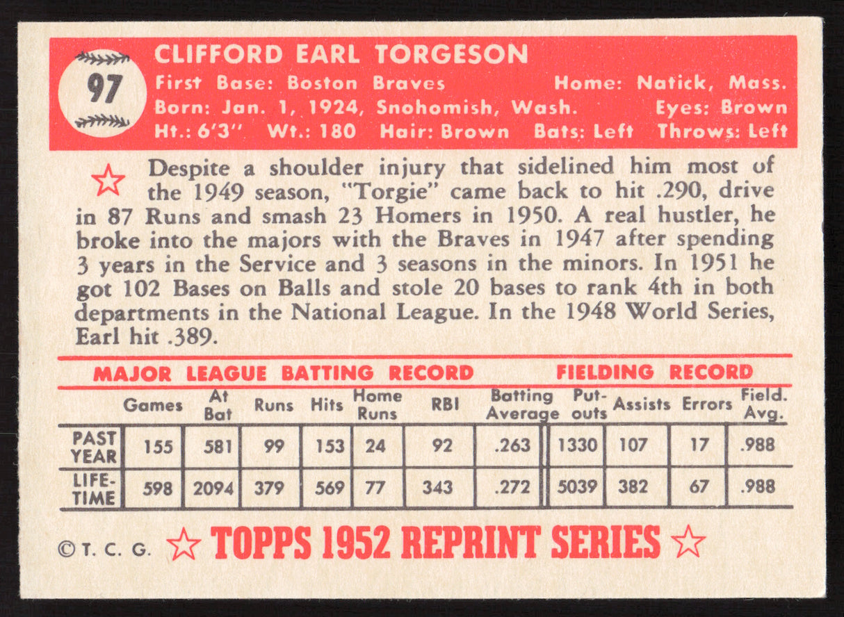 Earl Torgeson Autographed 1983 Topps 1952 Reprint Card #97 Boston Braves SKU #260128