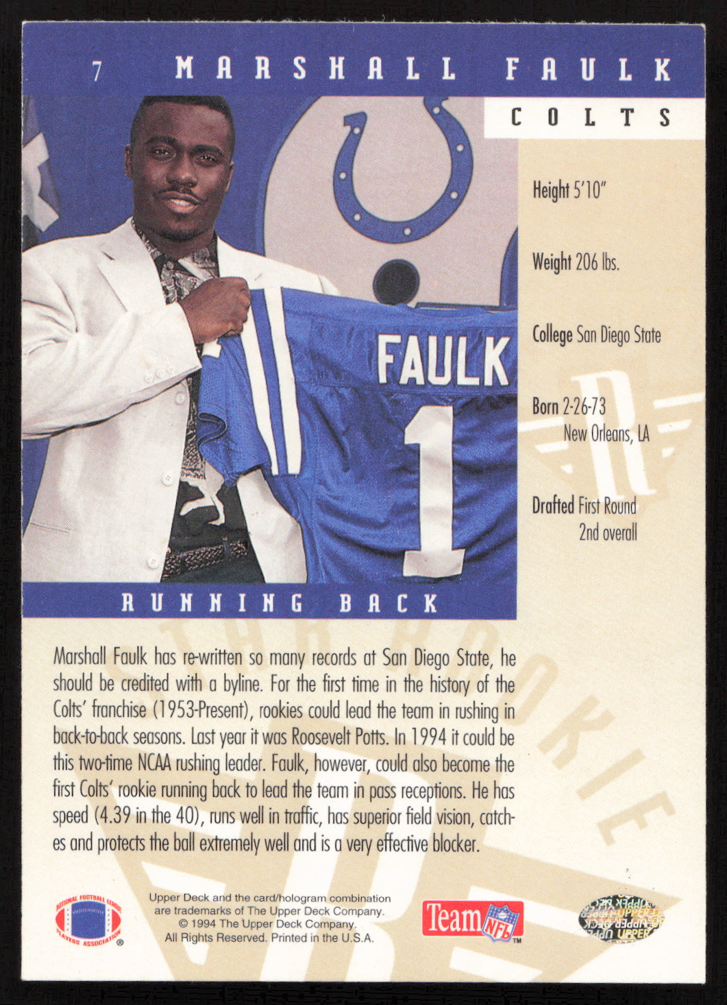 Marshall Faulk Autographed 1994 Upper Deck Rookie Card #7 Indianapolis Colts SKU #260200