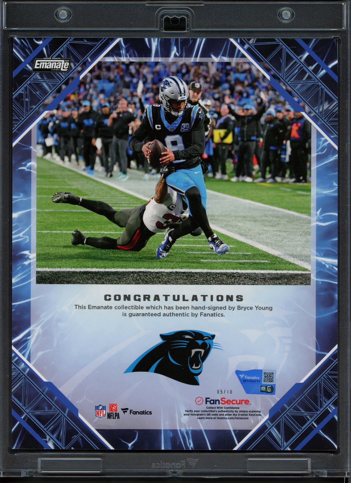 Bryce Young Autographed 2025 Under Wraps NFL Emanate Blue Ice Card Carolina Panthers #5/10 Fanatics Holo #BB14066774