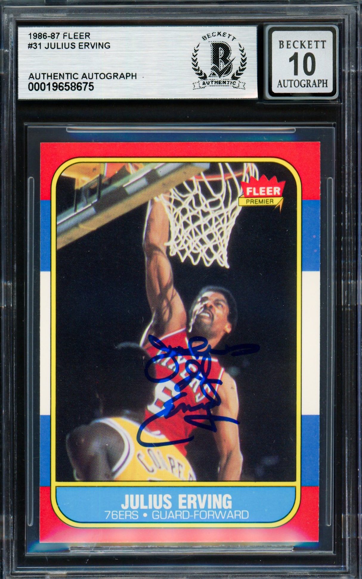 Julius Dr. J Erving Autographed 1986-87 Fleer Card #31 Philadelphia 76ers Auto Grade Gem Mint 10 Beckett BAS #19658675